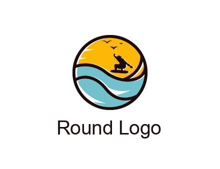 surfer surfing with birds in circle