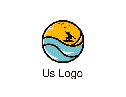 surfer surfing with birds in circle