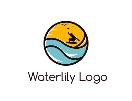 surfer surfing with birds in circle