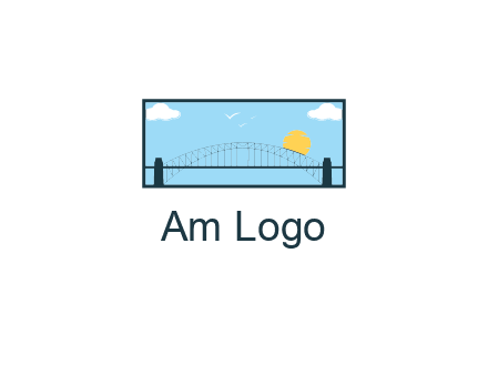 tied arch bridge with sun and clouds in rectangle frame