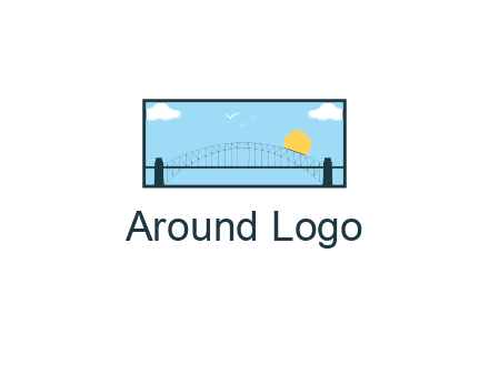 tied arch bridge with sun and clouds in rectangle frame