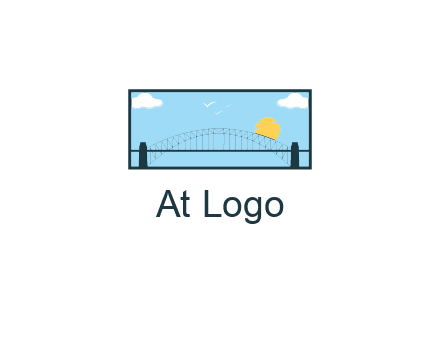 tied arch bridge with sun and clouds in rectangle frame