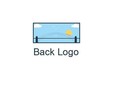 tied arch bridge with sun and clouds in rectangle frame