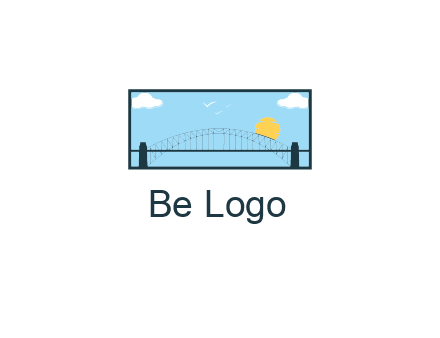 tied arch bridge with sun and clouds in rectangle frame