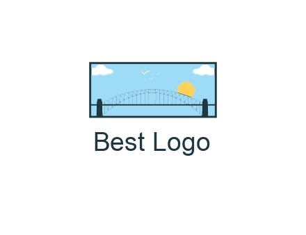 tied arch bridge with sun and clouds in rectangle frame