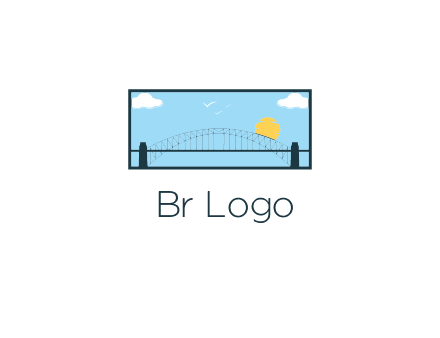 tied arch bridge with sun and clouds in rectangle frame