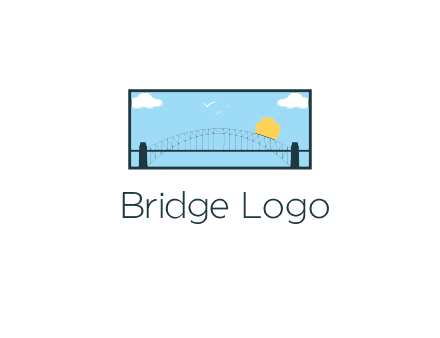 tied arch bridge with sun and clouds in rectangle frame