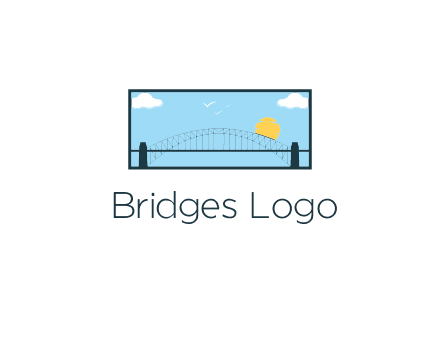 tied arch bridge with sun and clouds in rectangle frame