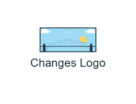 tied arch bridge with sun and clouds in rectangle frame