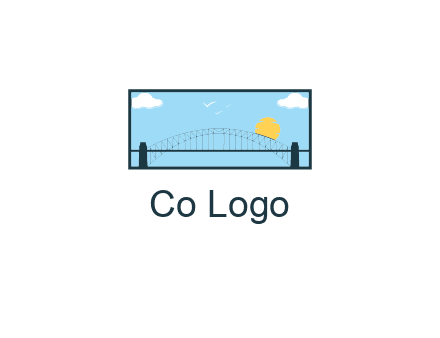 tied arch bridge with sun and clouds in rectangle frame