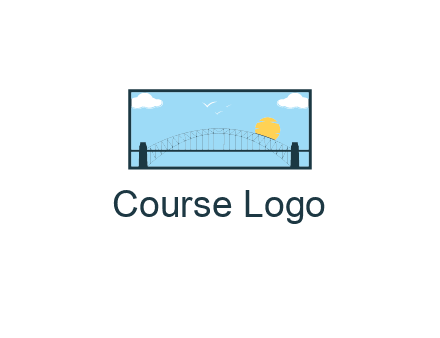 tied arch bridge with sun and clouds in rectangle frame