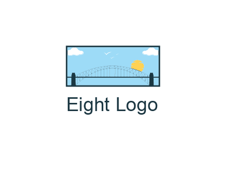 tied arch bridge with sun and clouds in rectangle frame