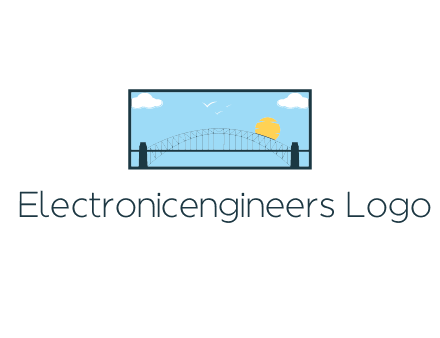 tied arch bridge with sun and clouds in rectangle frame