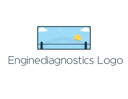 tied arch bridge with sun and clouds in rectangle frame