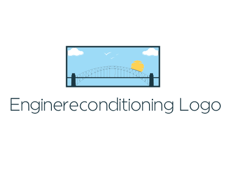 tied arch bridge with sun and clouds in rectangle frame