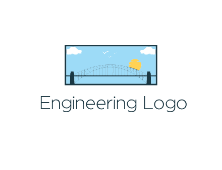 tied arch bridge with sun and clouds in rectangle frame