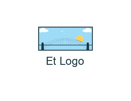 tied arch bridge with sun and clouds in rectangle frame