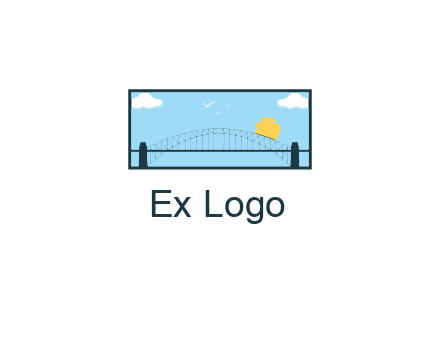 tied arch bridge with sun and clouds in rectangle frame
