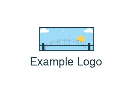 tied arch bridge with sun and clouds in rectangle frame