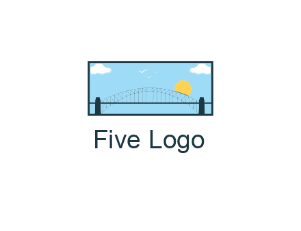 tied arch bridge with sun and clouds in rectangle frame
