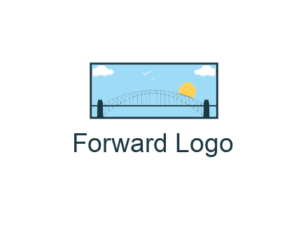 tied arch bridge with sun and clouds in rectangle frame