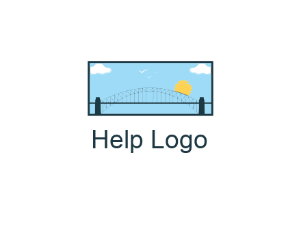 tied arch bridge with sun and clouds in rectangle frame