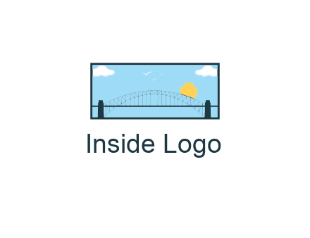 tied arch bridge with sun and clouds in rectangle frame
