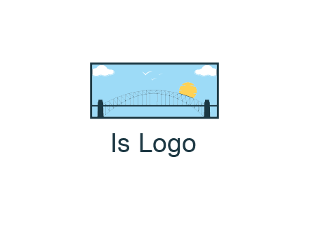 tied arch bridge with sun and clouds in rectangle frame