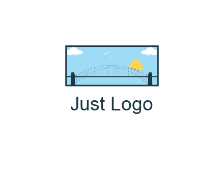 tied arch bridge with sun and clouds in rectangle frame