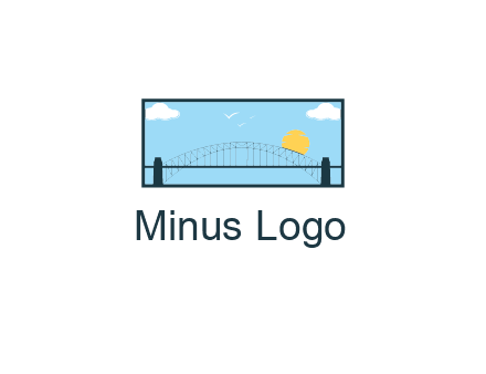tied arch bridge with sun and clouds in rectangle frame