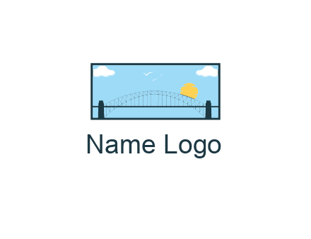 tied arch bridge with sun and clouds in rectangle frame