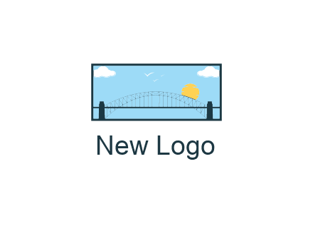 tied arch bridge with sun and clouds in rectangle frame