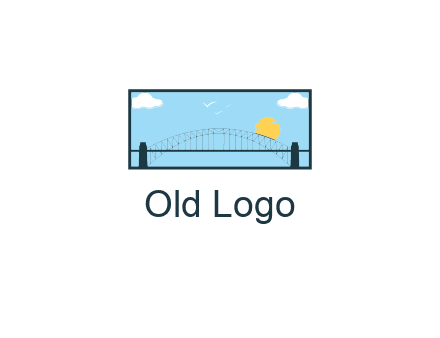 tied arch bridge with sun and clouds in rectangle frame