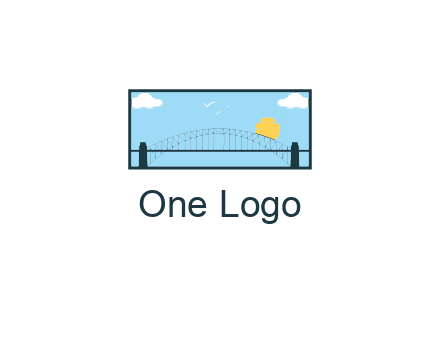 tied arch bridge with sun and clouds in rectangle frame