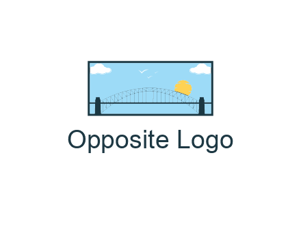 tied arch bridge with sun and clouds in rectangle frame