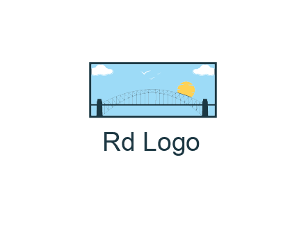 tied arch bridge with sun and clouds in rectangle frame
