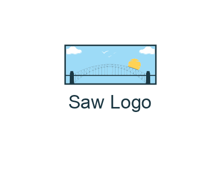 tied arch bridge with sun and clouds in rectangle frame