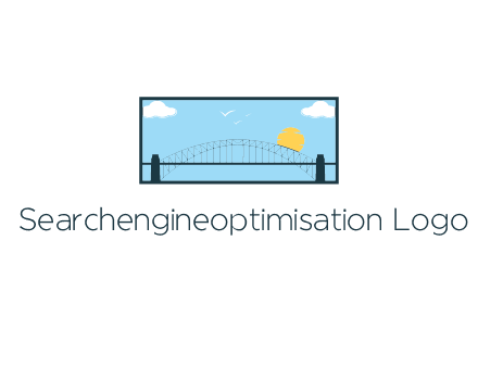 tied arch bridge with sun and clouds in rectangle frame