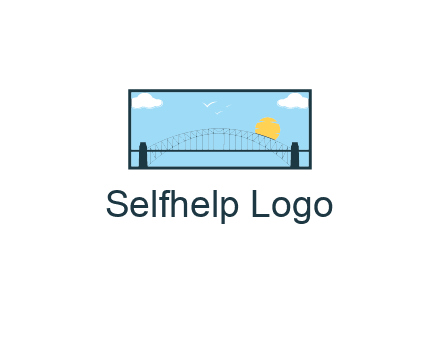 tied arch bridge with sun and clouds in rectangle frame
