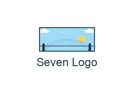 tied arch bridge with sun and clouds in rectangle frame