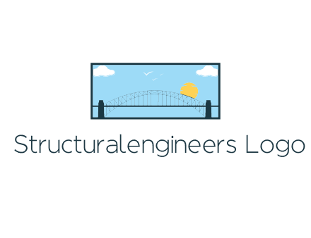 tied arch bridge with sun and clouds in rectangle frame