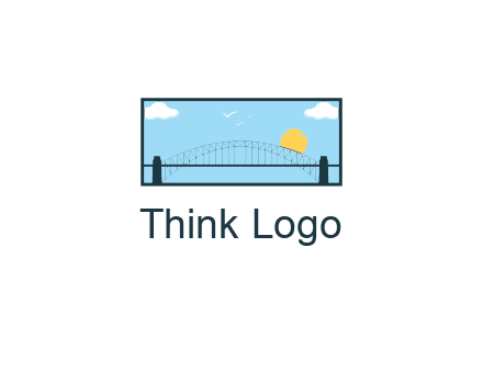 tied arch bridge with sun and clouds in rectangle frame