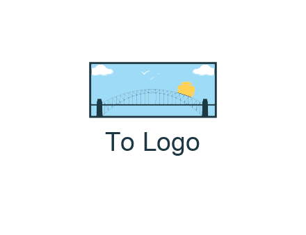 tied arch bridge with sun and clouds in rectangle frame