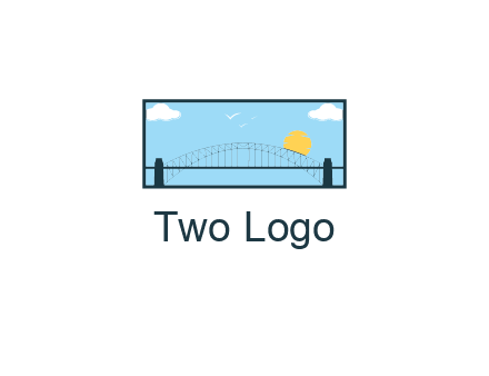 tied arch bridge with sun and clouds in rectangle frame