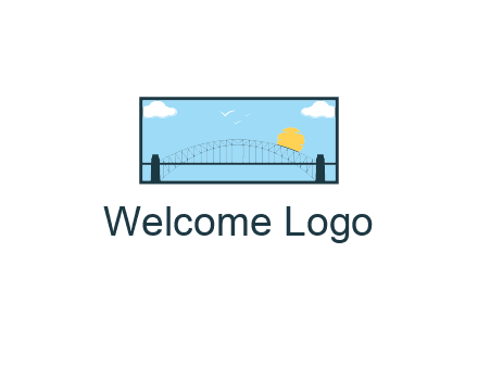 tied arch bridge with sun and clouds in rectangle frame
