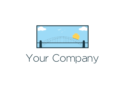 tied arch bridge with sun and clouds in rectangle frame