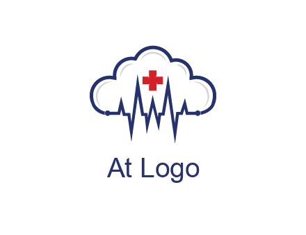 line art cloud with heart beat line and first aid sign