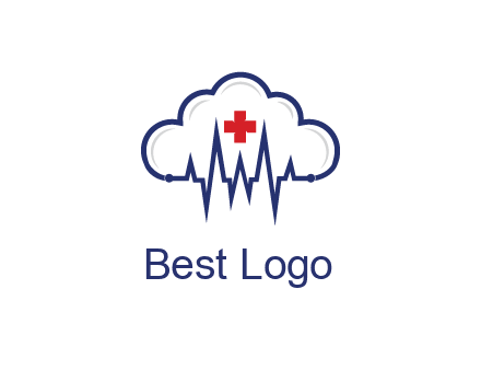 line art cloud with heart beat line and first aid sign