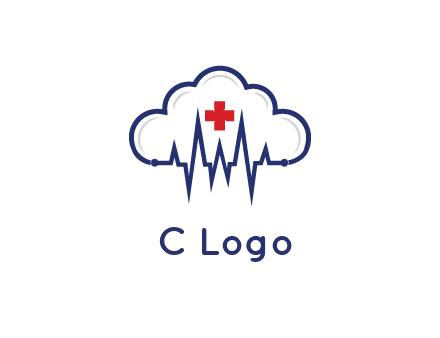 line art cloud with heart beat line and first aid sign