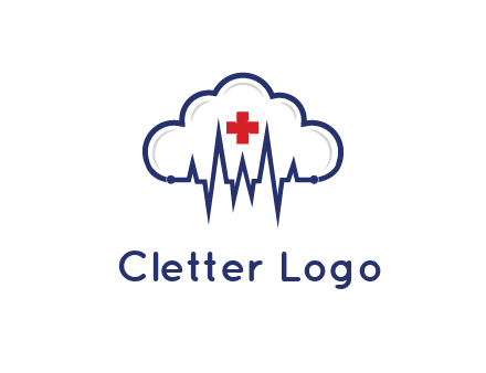 line art cloud with heart beat line and first aid sign